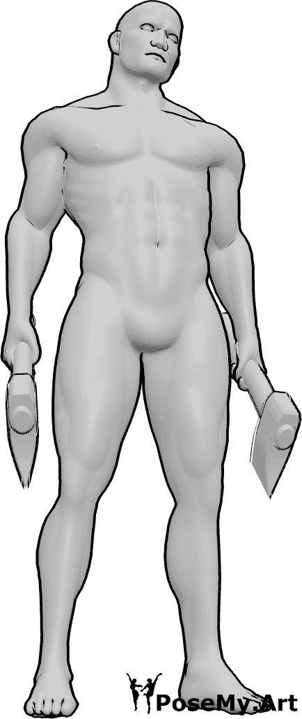 Référence des poses- Pose de l'homme fort - Un homme robuste est debout, tenant une hache dans chaque main, prêt au combat.
