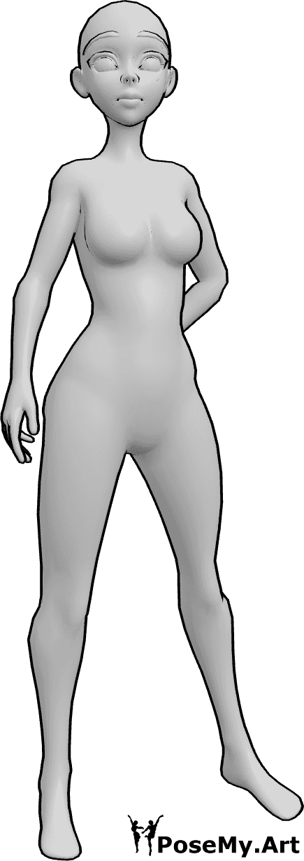 Referencia de poses- Postura con la mano detrás de la espalda - Mujer anime confidente está de pie con su mano izquierda detrás de su espalda pose