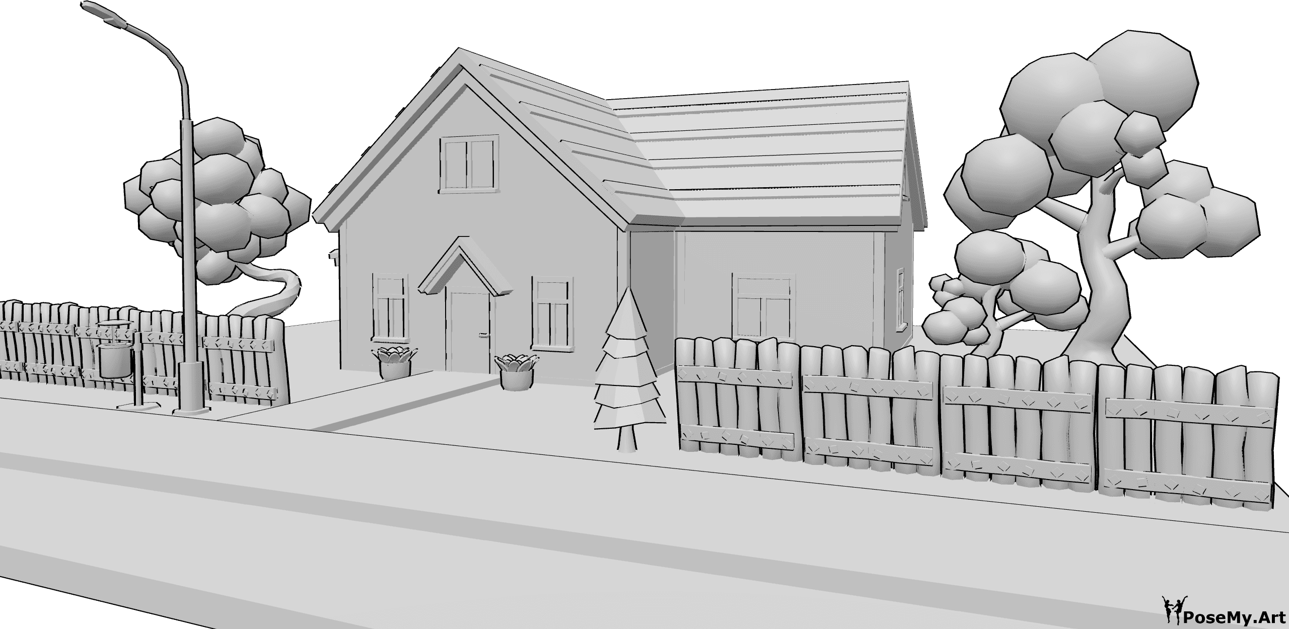 Pose Reference- Suburban house reference - Suburban house with fence, garden and trees