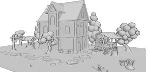 Pose Reference- Medieval house reference - Medieval house with a well, trees and a carriage