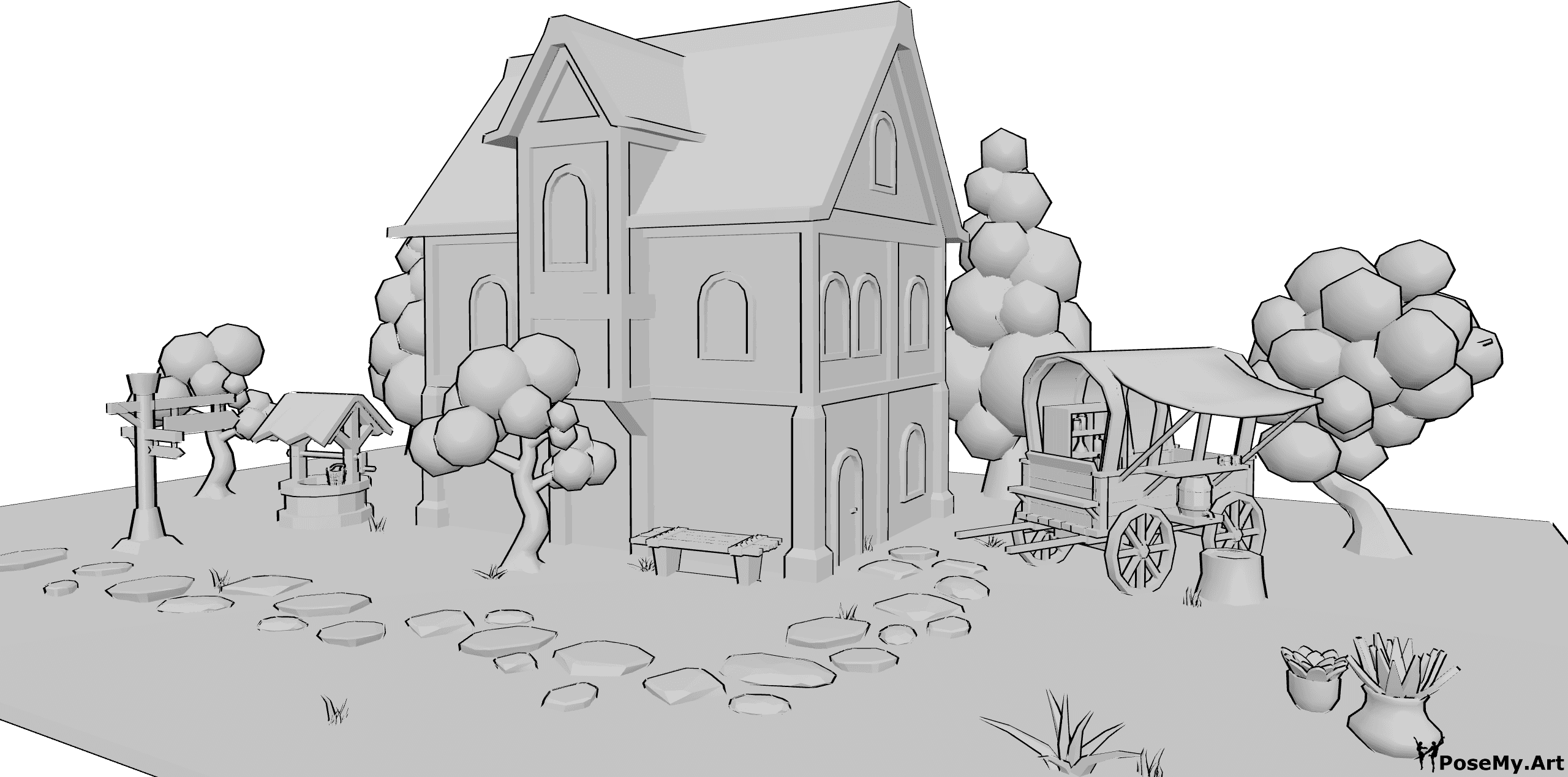 Pose Reference- Medieval house reference - Medieval house with a well, trees and a carriage