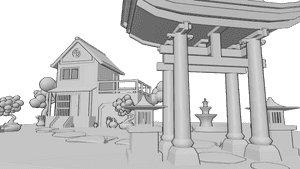 Pose Reference- Japanese house reference - Japanese house with garden, a big japanese arch, bonsai trees and a fountain