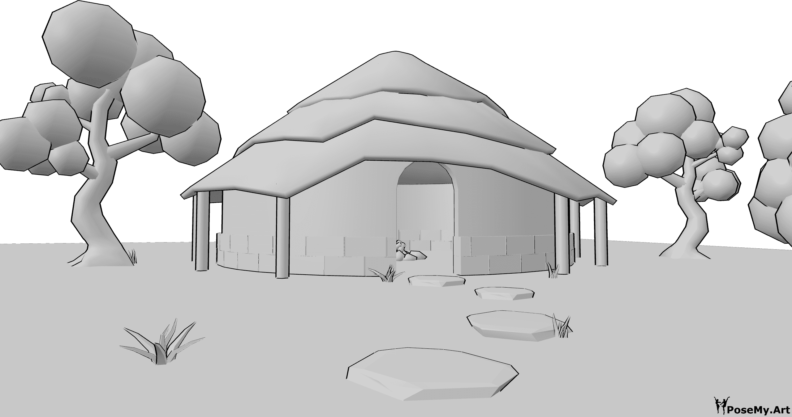Pose Reference- Round house reference - Simple round house with fireplace inside