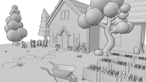 Pose Reference- House with garden reference - Modern suburban house with garden, trees and raised beds