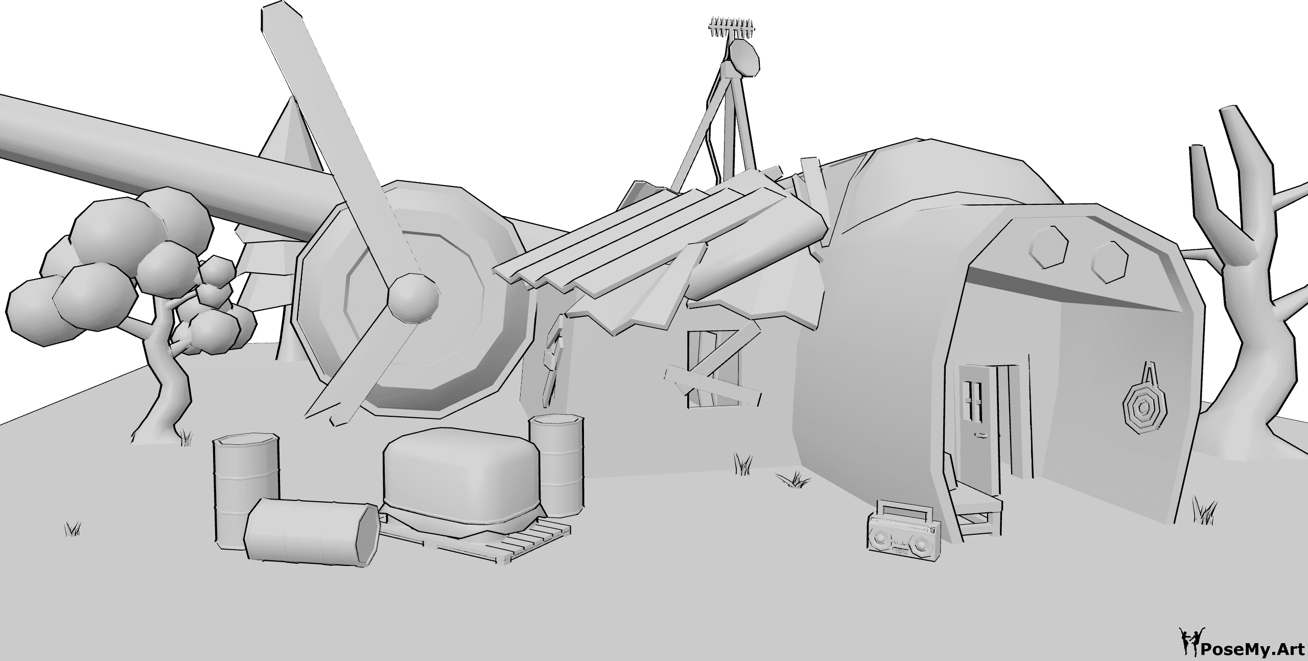 Pose Reference- Junkyard house reference - Junkyard house made from an airplane, trees and barrels around