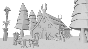 Pose Reference- Viking house reference - Viking house with trees around, a table and chairs in front