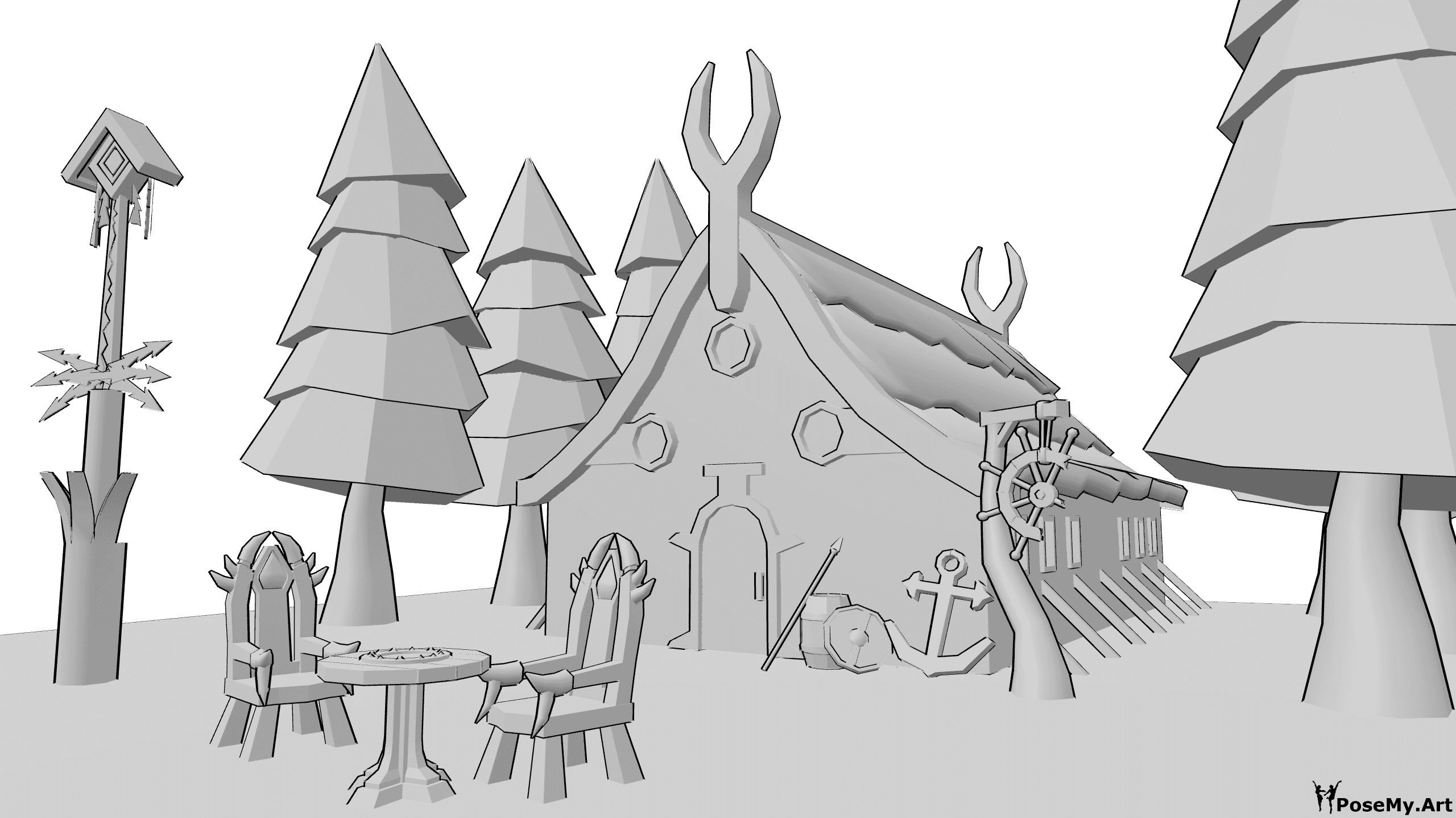 Pose Reference- Viking house reference - Viking house with trees around, a table and chairs in front