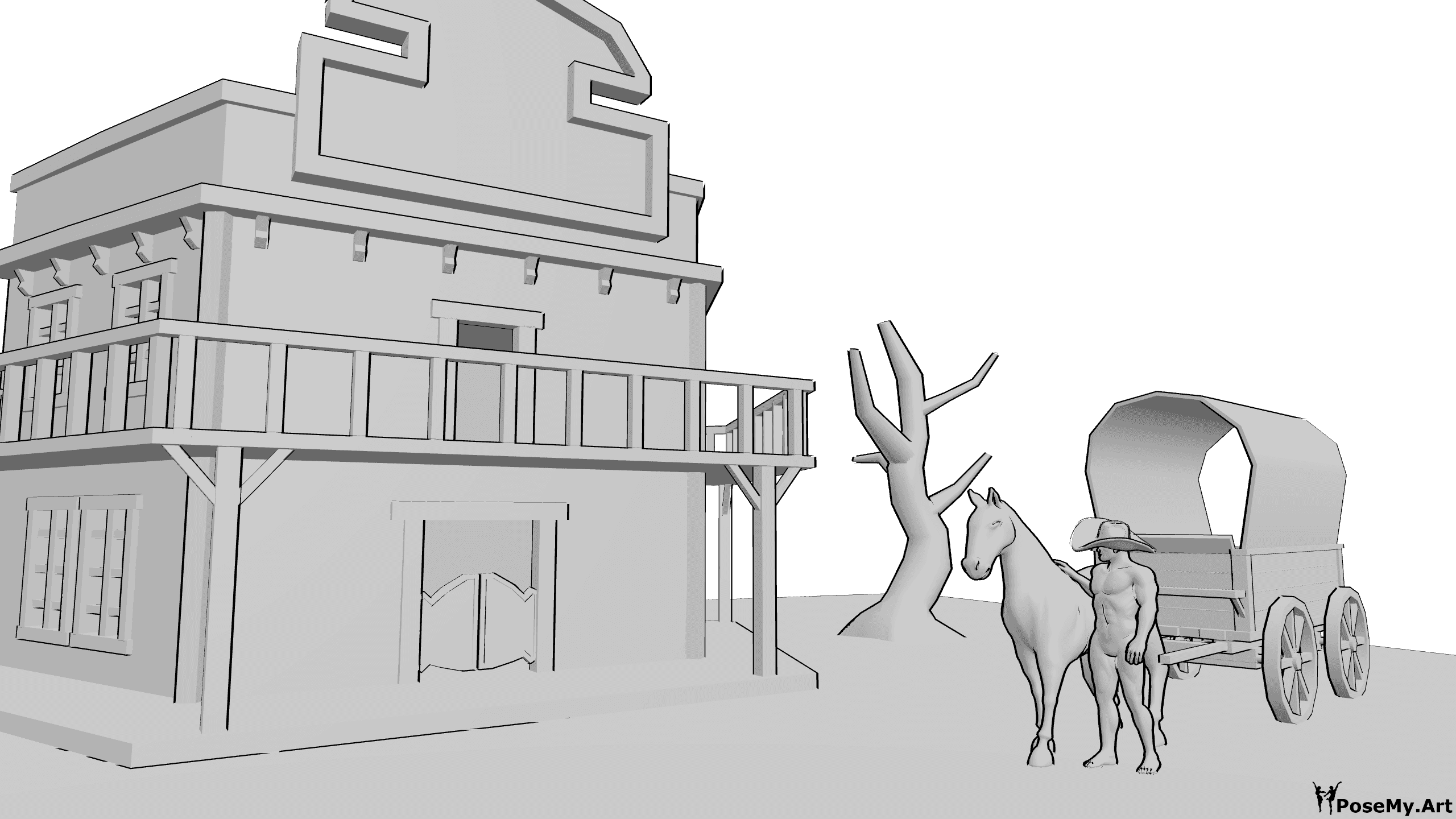 Pose Reference- Western house reference - Western house and a cowboy with a horse and carriage