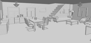 Pose Reference- House interior reference - House interior with furnitures, open-plan living room and kitchen