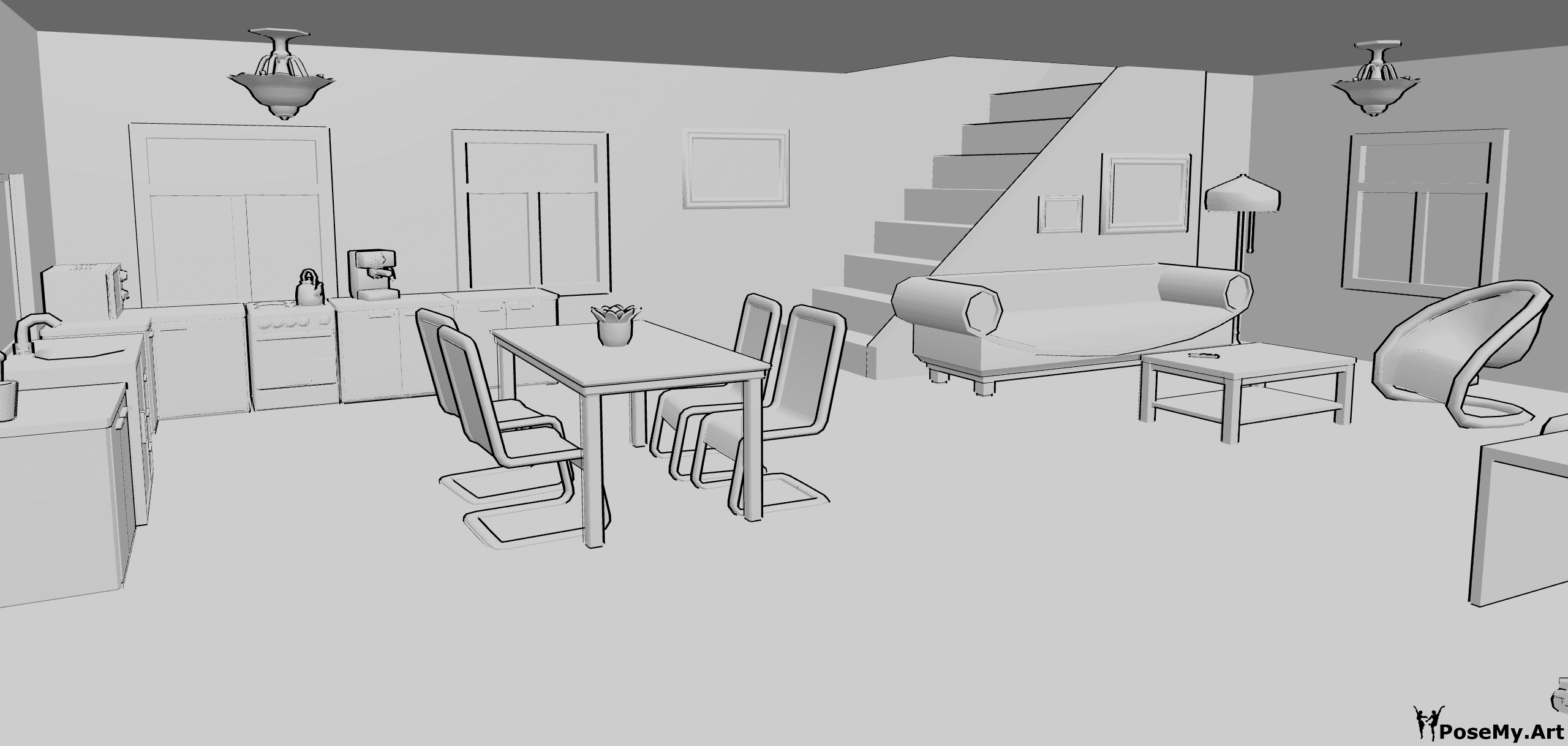 Pose Reference- House interior reference - House interior with furnitures, open-plan living room and kitchen