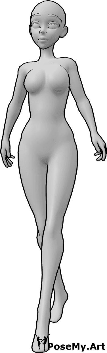 Referencia de poses- Anime casual caminando pose - Mujer anime camina despreocupada y posa tranquilamente