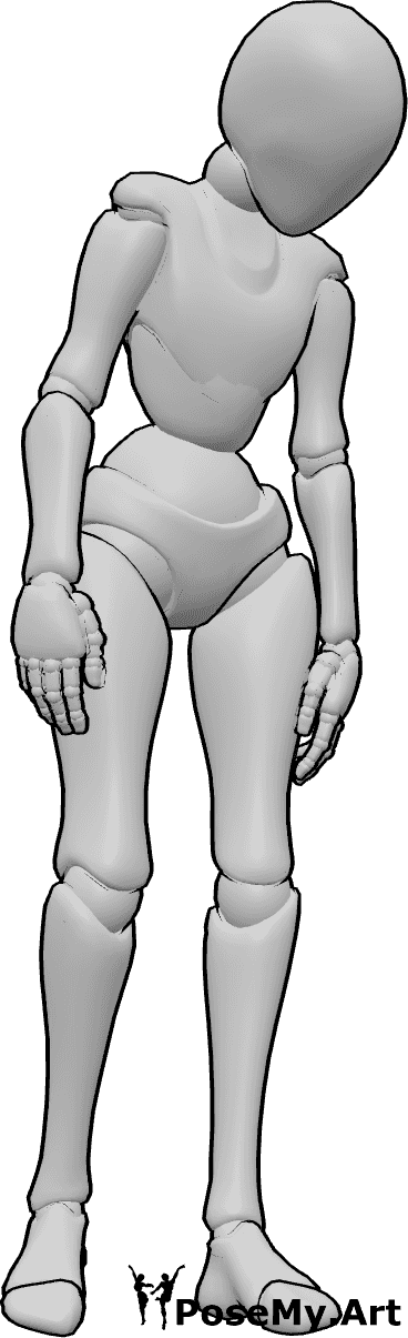 Pose Reference- Standing slouch pose - Female is standing with slouched shoulders and head slightly forward, arms hanging loosely, weight uneven on one leg