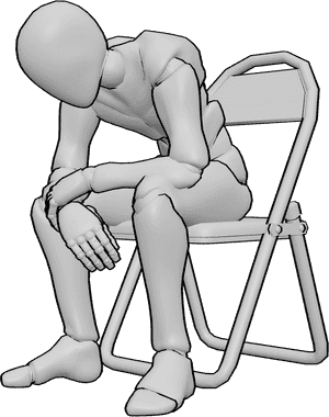 Pose Reference- Sitting slouch pose - Male is sitting on a chair and slouching deeply, pelvis tilted back, spine forming a strong C-shape