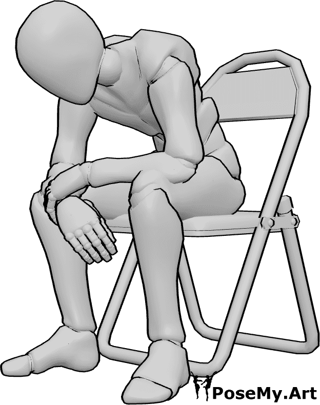 Pose Reference- Sitting slouch pose - Male is sitting on a chair and slouching deeply, pelvis tilted back, spine forming a strong C-shape
