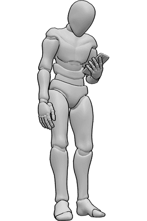 Pose Reference- Holding phone slouch pose - Male is standing and slouching while looking at his phone, neck craned forward