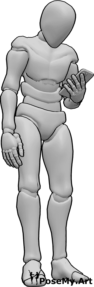 Pose Reference- Holding phone slouch pose - Male is standing and slouching while looking at his phone, neck craned forward
