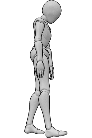 Pose Reference- Walking slouch pose - Female is walking slowly with a slouched posture, shoulders drooping, minimal arm swing