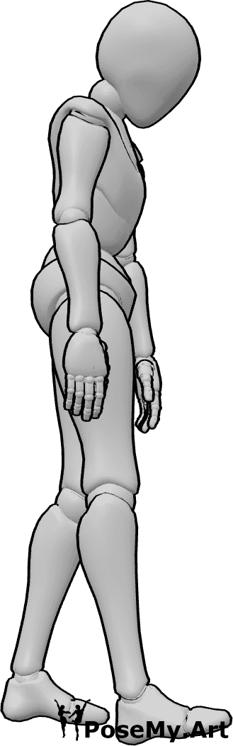 Pose Reference- Walking slouch pose - Female is walking slowly with a slouched posture, shoulders drooping, minimal arm swing