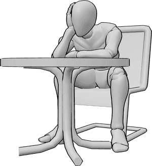 Pose Reference- Table leaning slouch pose - Male is leaning forward on a table and slouching, upper back curved, neck extended