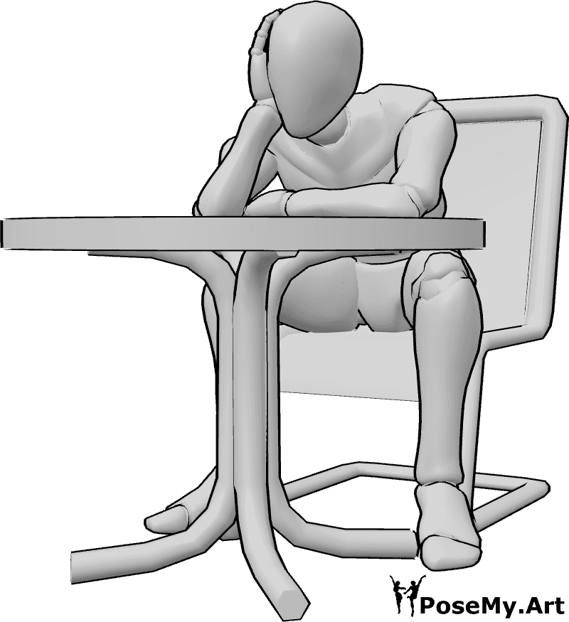 Pose Reference- Table leaning slouch pose - Male is leaning forward on a table and slouching, upper back curved, neck extended