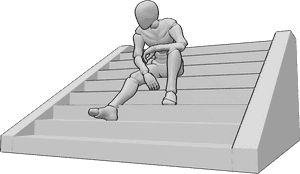 Pose Reference- Stairs sitting slouch pose - Male is sitting on the stairs and slouching, back rounded, forearms resting loosely on thighs