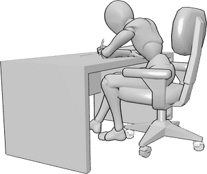 Pose Reference- Desk slouch pose - Female is sitting at a desk and slouching while drawing or writing, neck forward, shoulders dropped