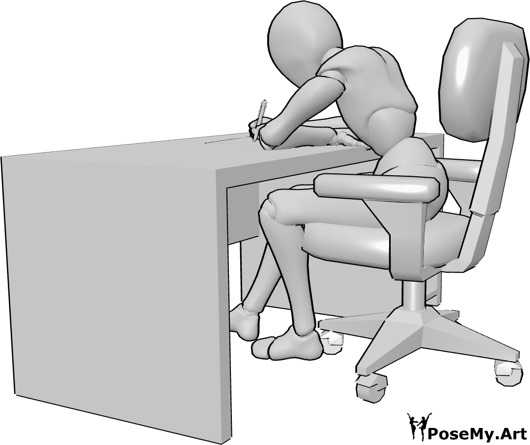 Pose Reference- Desk slouch pose - Female is sitting at a desk and slouching while drawing or writing, neck forward, shoulders dropped