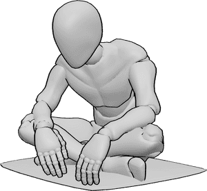 Pose Reference- Floor sitting slouch pose - Male is sitting cross-legged on the floor and slouching, spine rounded, head leaning forward