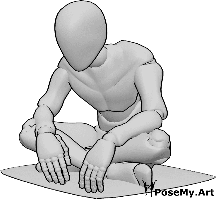 Pose Reference- Floor sitting slouch pose - Male is sitting cross-legged on the floor and slouching, spine rounded, head leaning forward