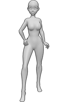 Pose Reference- Anime confident standing pose - Confident anime female is standing with her right hand on her hip pose