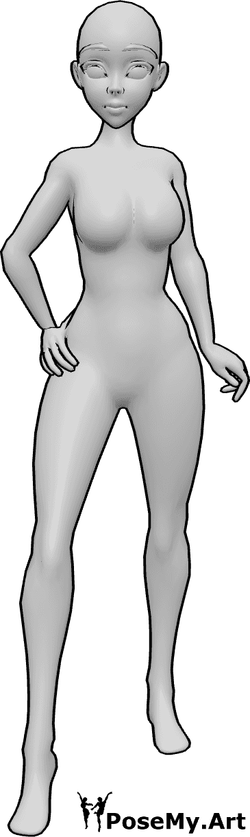 Référence des poses- Anime, pose debout et confiante - Une femme animée confiante se tient debout, la main droite posée sur la hanche.