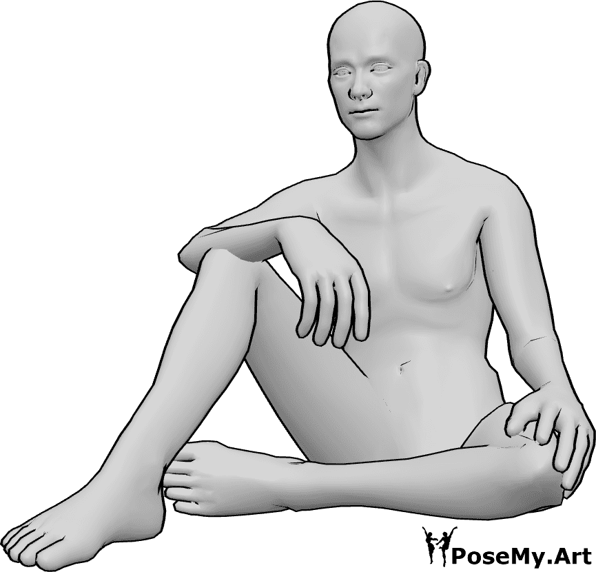 Pose Reference- Sitting male leg pose - Male is sitting on the ground, knees bent, relaxed sitting pose