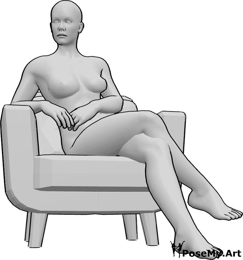 Pose Reference- Sitting female leg pose - Female is sitting in the armchair, her legs are crossed