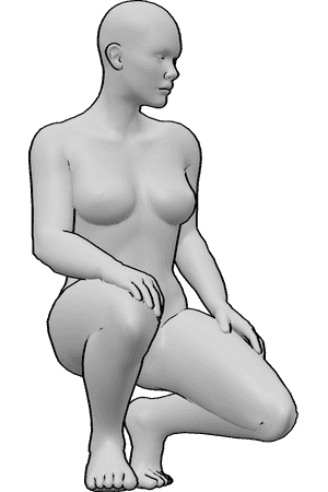 Pose Reference- Crouching leg pose - Female is crouching low with both knees deeply bent, heels close to the ground