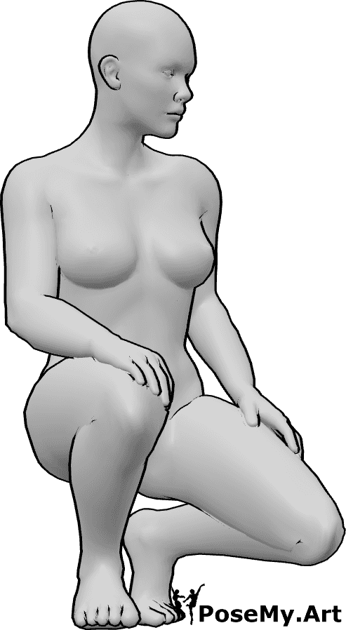 Pose Reference- Crouching leg pose - Female is crouching low with both knees deeply bent, heels close to the ground