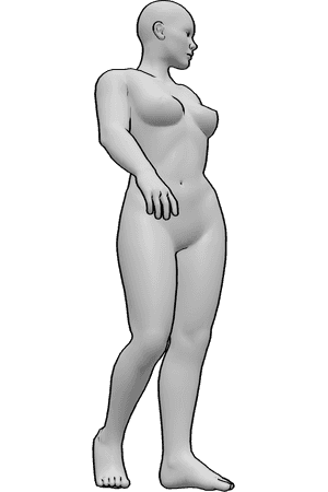 Pose Reference- Turning step leg pose - Female is stepping, turning, rotating one leg outward while the other supports the turn