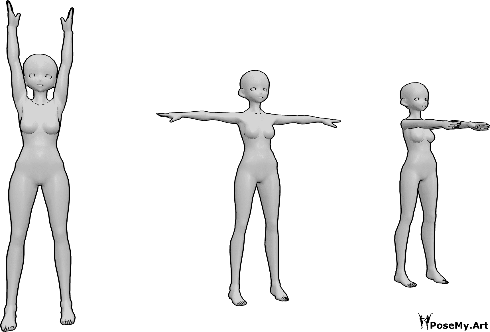 Pose Reference- Anime females gymnastic pose - Three anime females are standing and doing gymnastic exercises