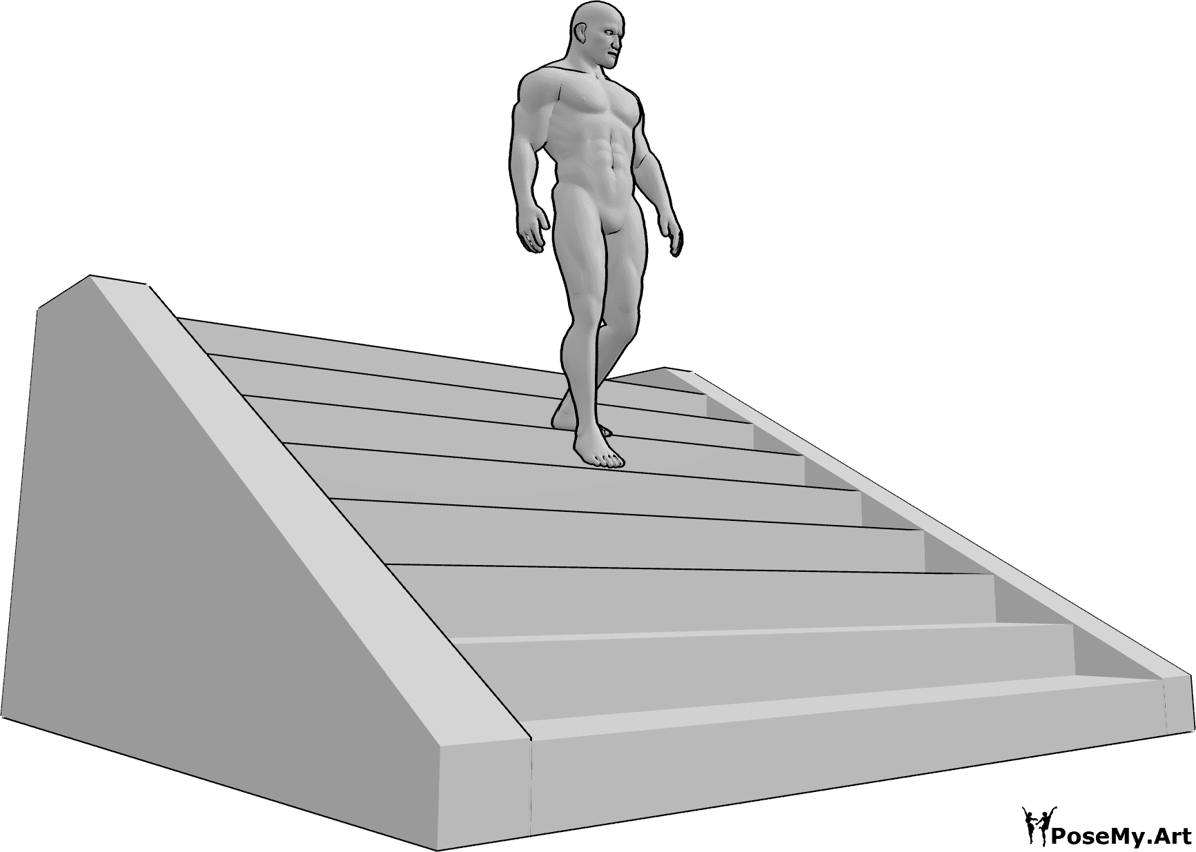 Pose Reference- Descending stairs knee pose - Male is descending stairs, knee bending under body weight