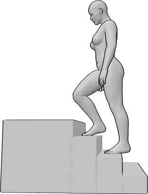 Pose Reference- Climbing stairs knee pose - Female is climbing stairs, leading knee lifted and flexed