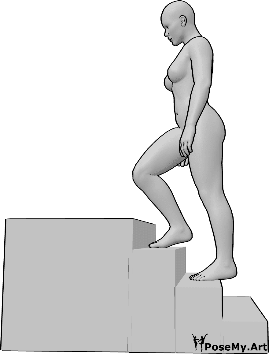 Pose Reference- Climbing stairs knee pose - Female is climbing stairs, leading knee lifted and flexed