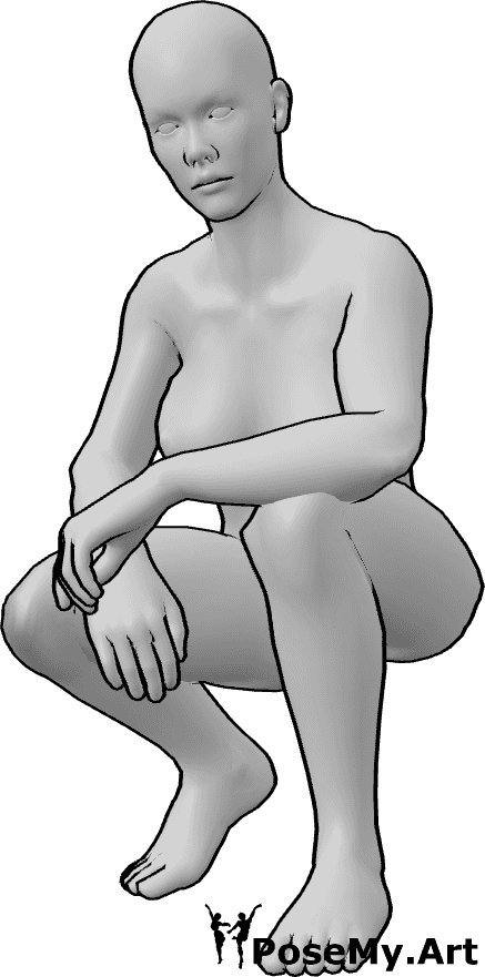 Pose Reference- Crouching female knee pose - Female is crouching low, knees deeply bent and close to the chest
