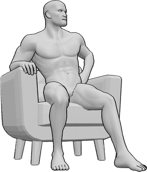Pose Reference- Male sitting knee pose - Male is sitting in the armchair, looking to the left, leaning on his right arm