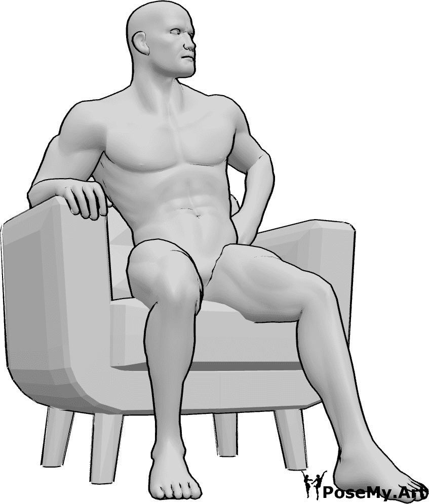 Pose Reference- Male sitting knee pose - Male is sitting in the armchair, looking to the left, leaning on his right arm