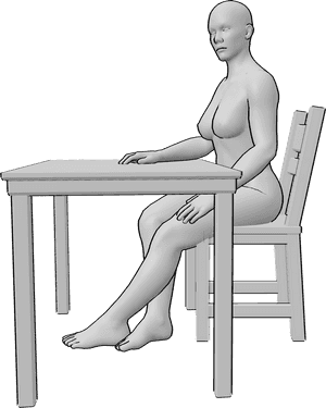 Pose Reference- Female sitting arm pose - Female is sitting with one arm resting on the table, hand relaxed