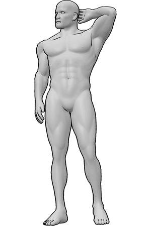 Pose Reference- Male scratching head arm pose - Male is scratching the back of his head, upper arm rotated outward