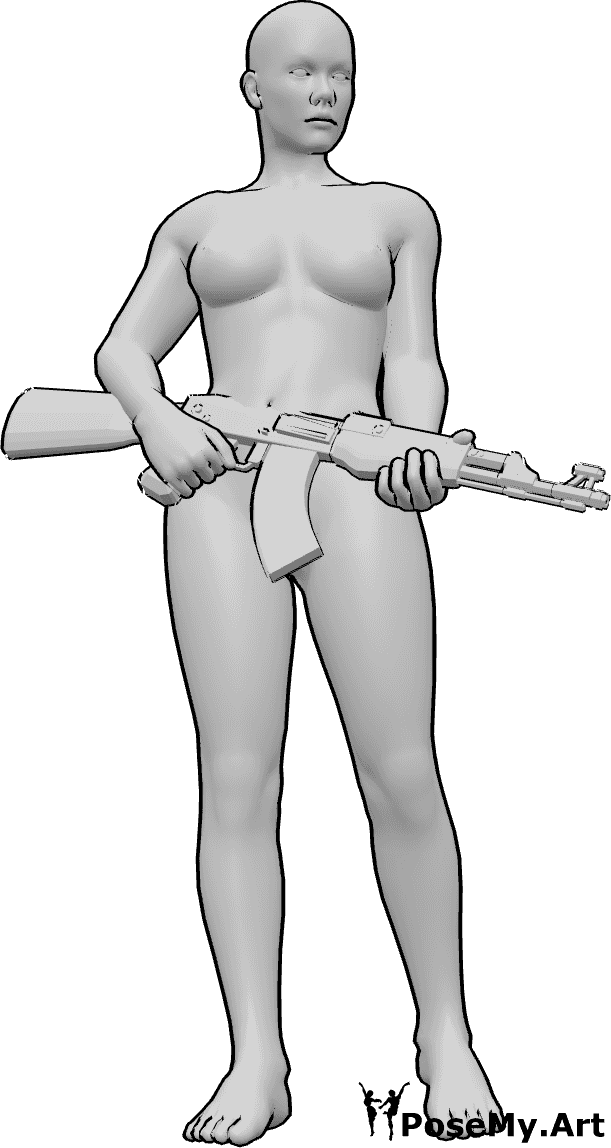Pose Reference- Female holding weapon arm pose - Female is standing and holding a gun with both hands