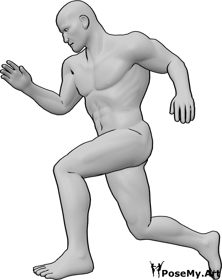 Posen-Referenz- Pose eines Mannes mit ausgestrecktem Arm - Ein Mann sprintet, die Arme sind im Bewegungsrhythmus um 90 Grad angewinkelt.