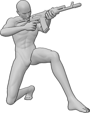 Pose Reference- Male holding weapon arm pose - Male is crouching, holding a gun with both hands and aiming, holding gun arm pose