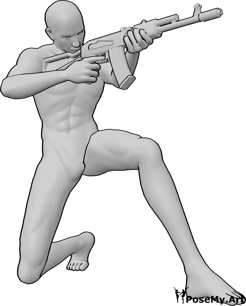 Pose Reference- Male holding weapon arm pose - Male is crouching, holding a gun with both hands and aiming, holding gun arm pose