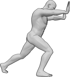 Pose Reference- Male pushing arm pose - Male is pushing against a surface with straightened arm